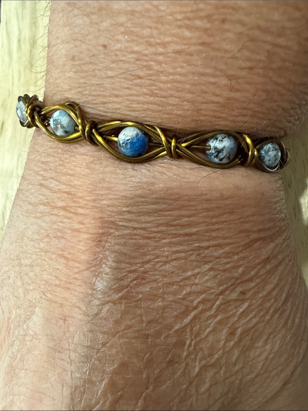 Handcrafted Blue and White Beaded Wire Bracelet